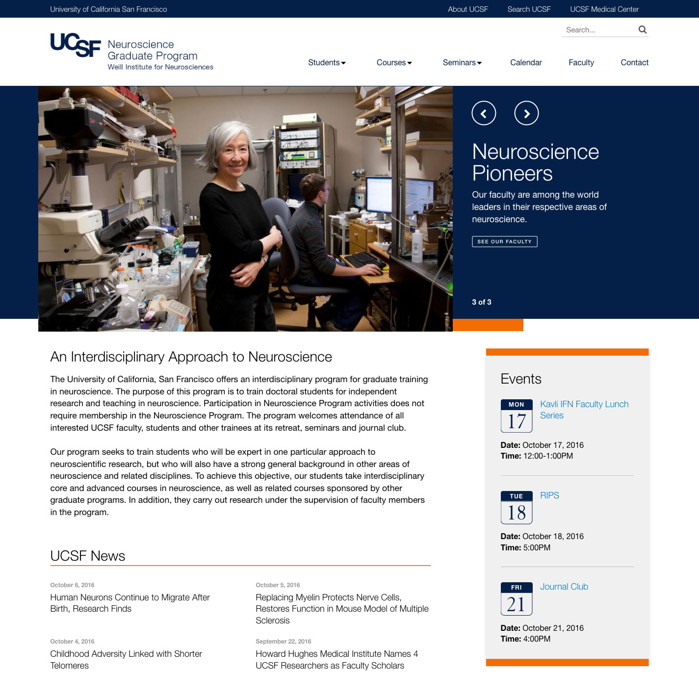 screenshot of Neuroscience Graduate Program website