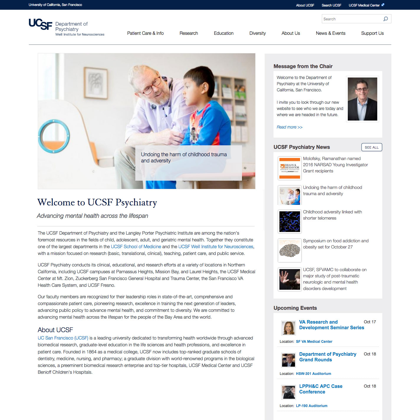 screenshot of Department of Psychiatry website