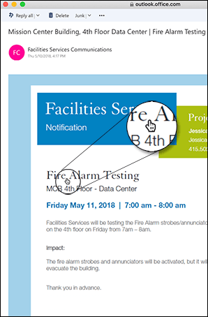 Screenshot of email message as an image, as denoted by the hand cursor.