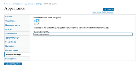 Site Builder supernav settings screen