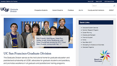 Example of a Starter Kit 2 website with top navigation in UCSF navy blue text against white background